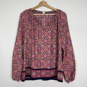 GAP Boho Peasant Blouse Pink Geometric Print Long Sleeve Tunic Silky Casual Sz S